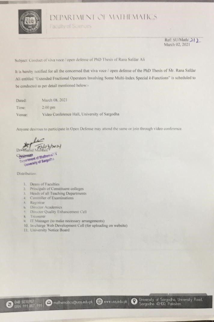 Conduct of Viva Voce Examination / Open Defense of Ph.D Thesis (Mathematics)